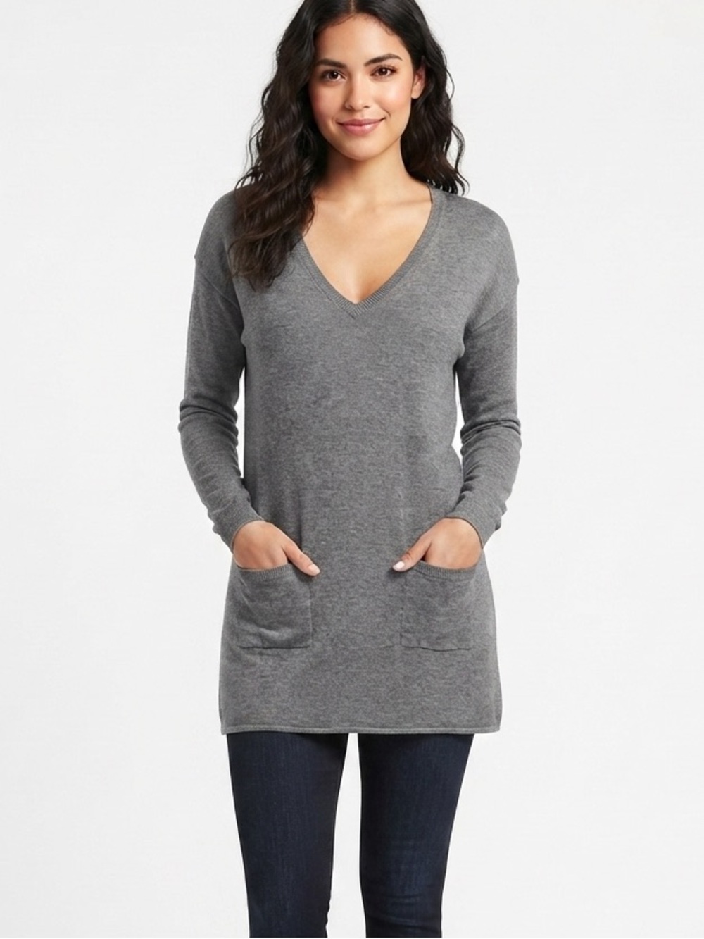 NWT White House Black Market Grey V-Neck Pullover Sweater with Pockets Size M